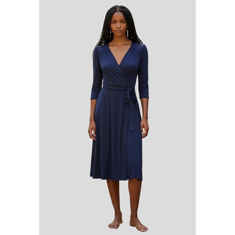 BCBG Paris Navy Blue Wrap Midi Dress 3/4 Sleeve V-Neck Stretch Jersey Small